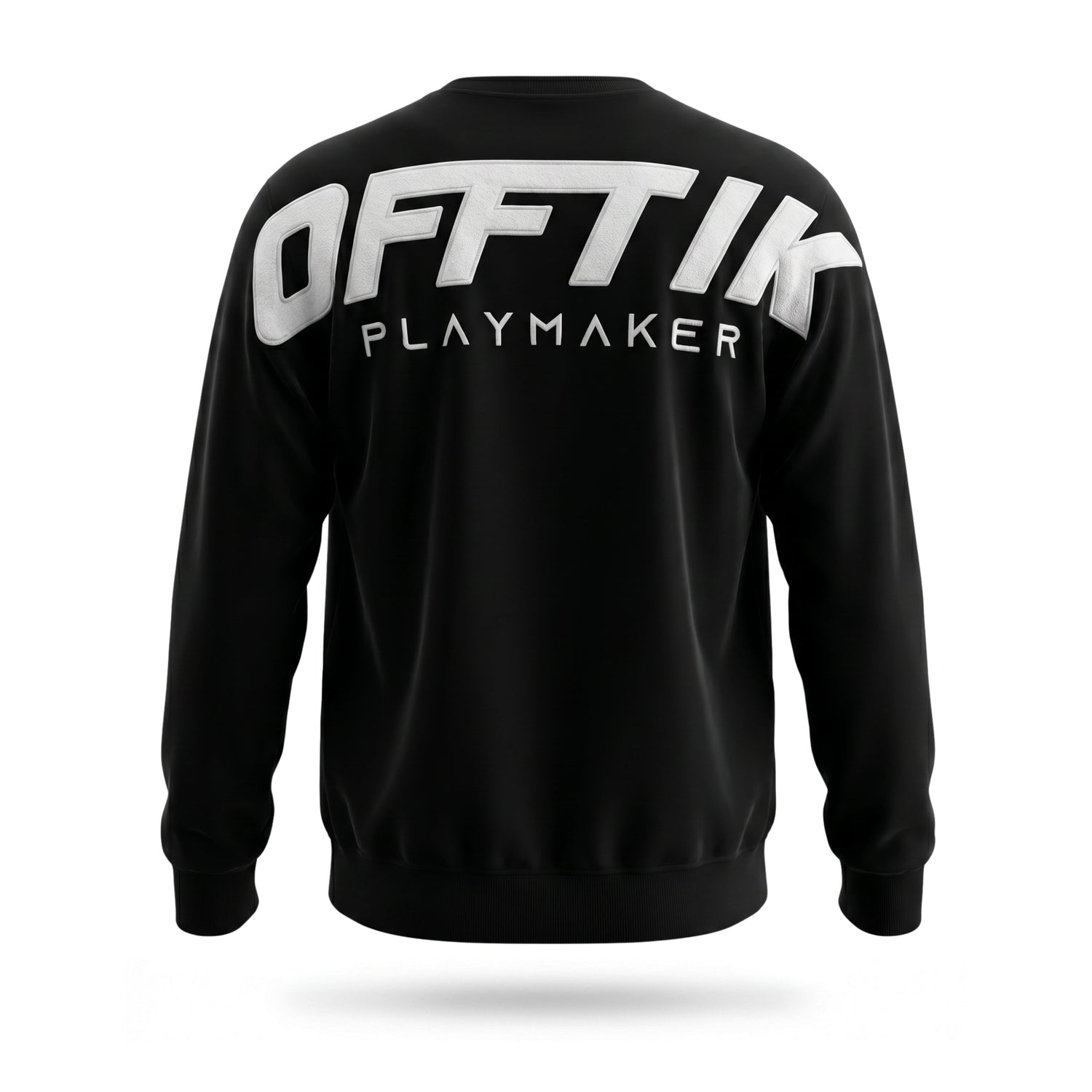 Black sweatshirt with 'OFFTIK PLAYMAKER' text on the back against a white background