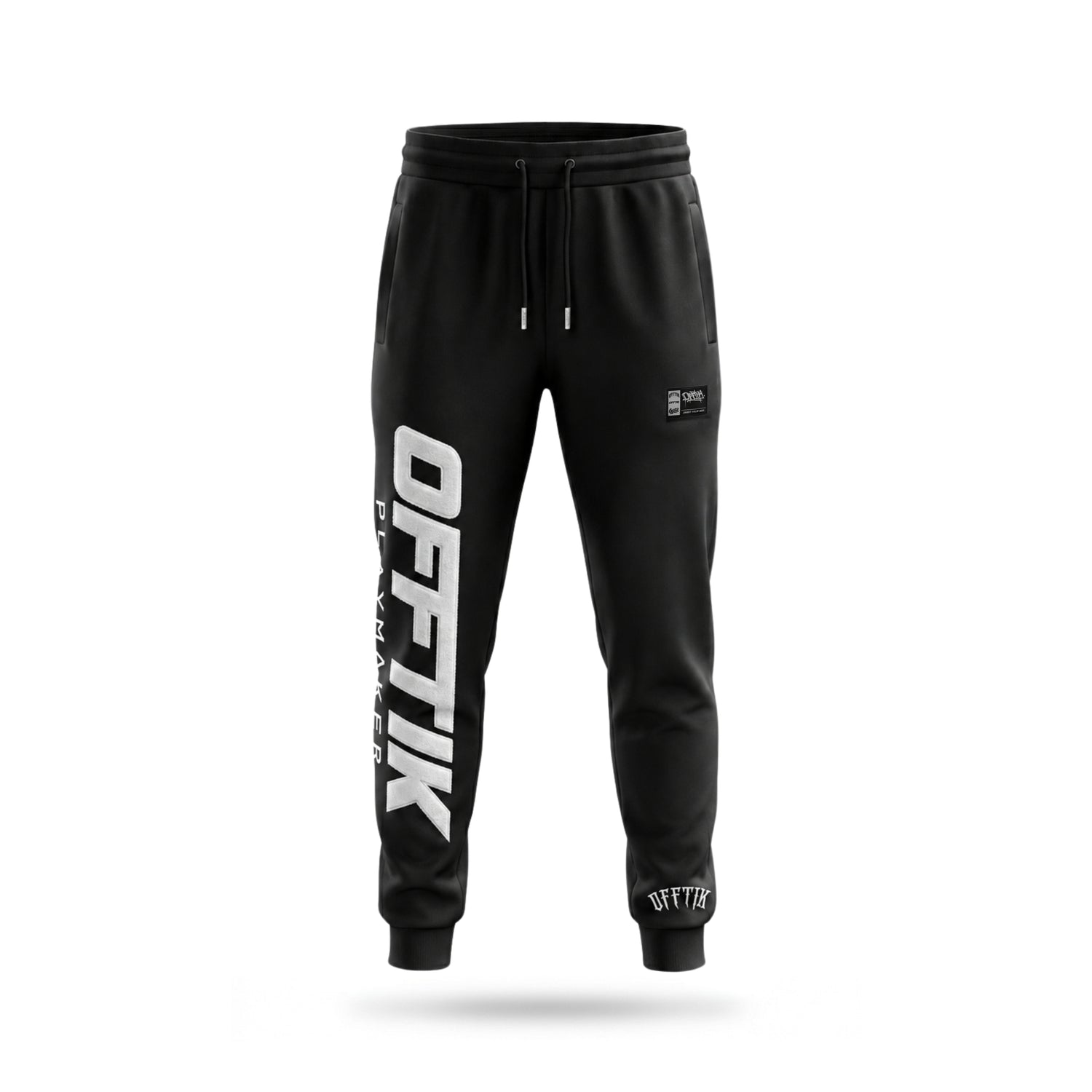 Black jogger pants with 'OFFTIK' branding on a white background