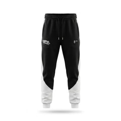 Black and white jogger pants with brand logos on a white background