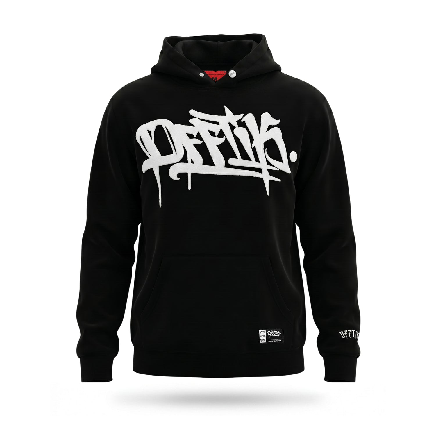 Black hoodie with white text on a white background