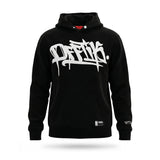 Black hoodie with white text on a white background