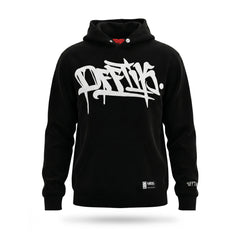 Black hoodie with white text on a white background
