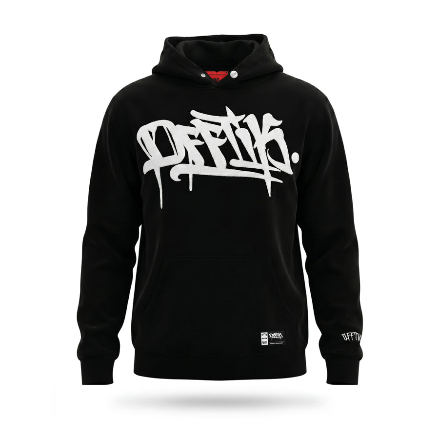 Black hoodie with white text on a white background