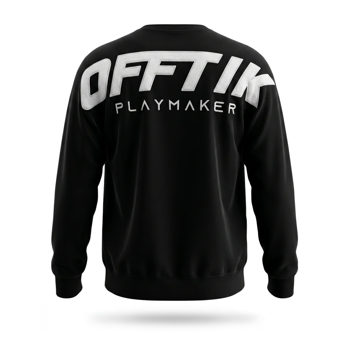 Black sweatshirt with 'OFFTIK PLAYMAKER' text on the back against a white background