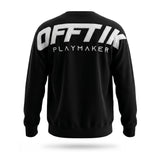Black sweatshirt with 'OFFTIK PLAYMAKER' text on the back against a white background