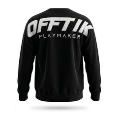 Black sweatshirt with 'OFFTIK PLAYMAKER' text on the back against a white background