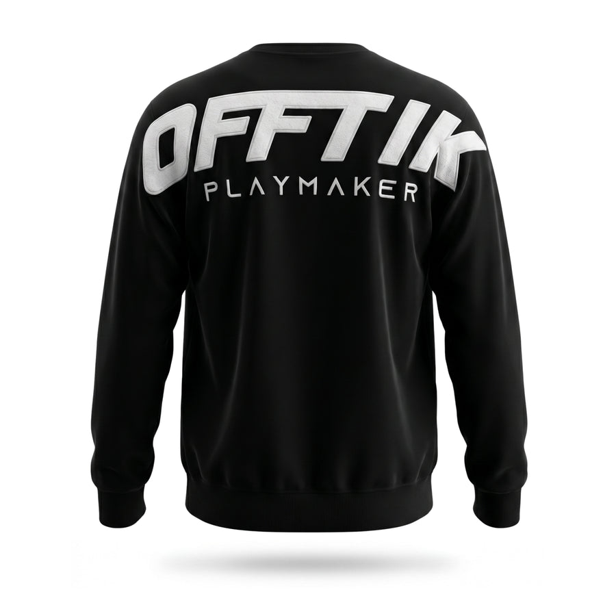 Black sweatshirt with 'OFFTIK PLAYMAKER' text on the back against a white background