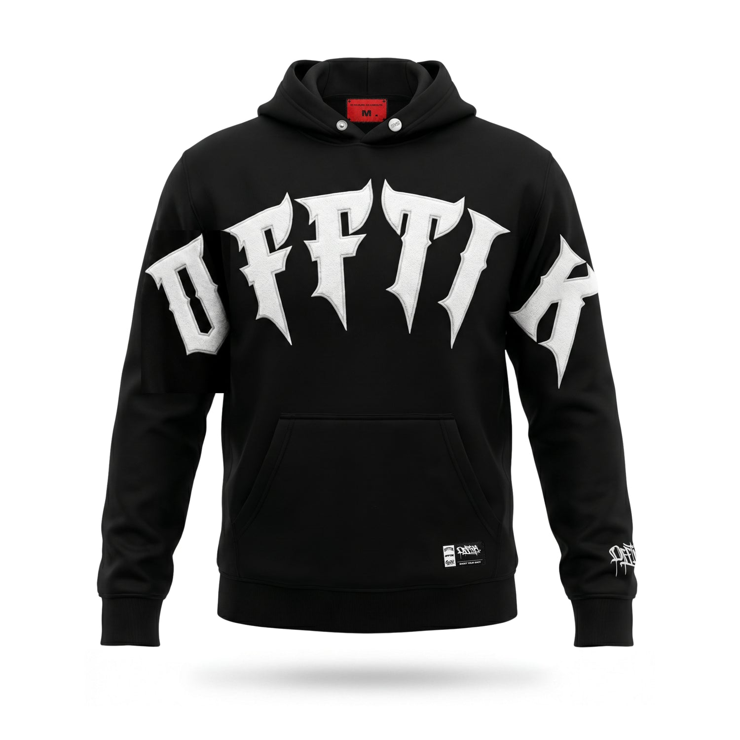 Black hoodie with white text on a white background