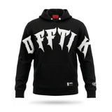 Black hoodie with white text on a white background