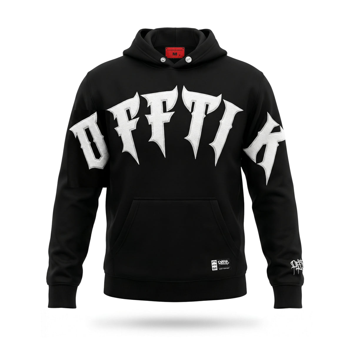 Black hoodie with white text on a white background