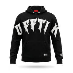 Black hoodie with white text on a white background