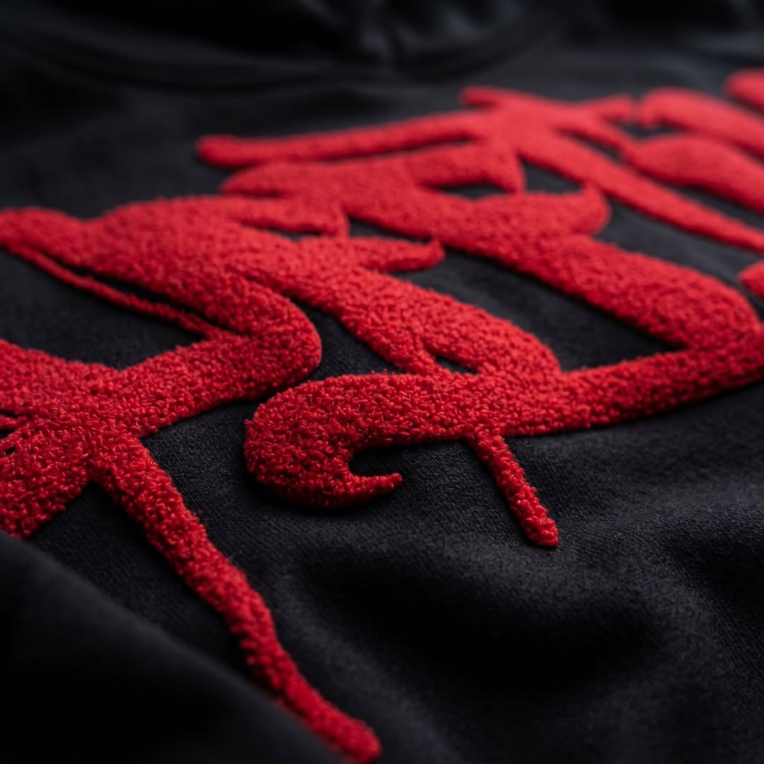 Red embroidered design on a black fabric background