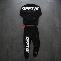 Black 'OFFTIK Playmaker' sweatshirt and pants set on a gray textured background