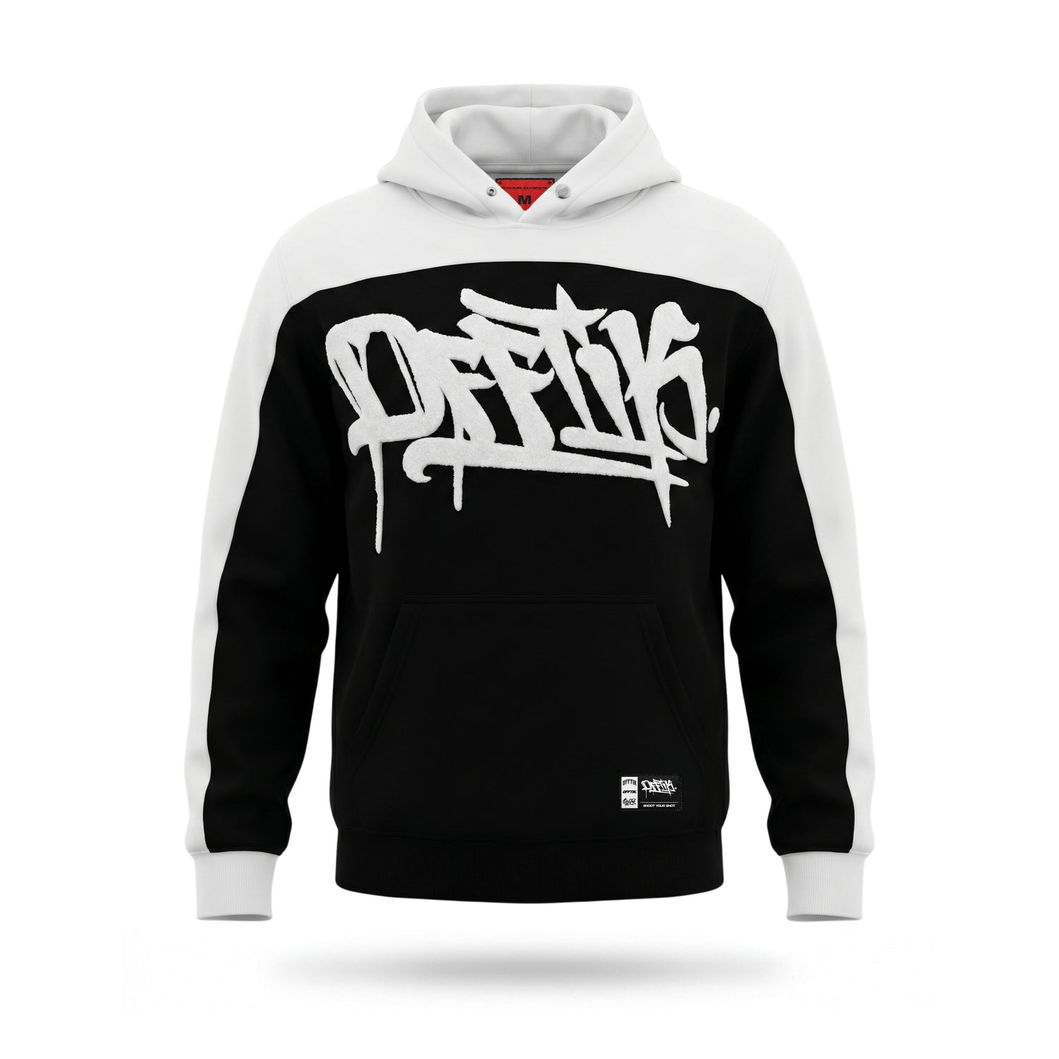 Black and white hoodie with 'OFF' logo on a white background