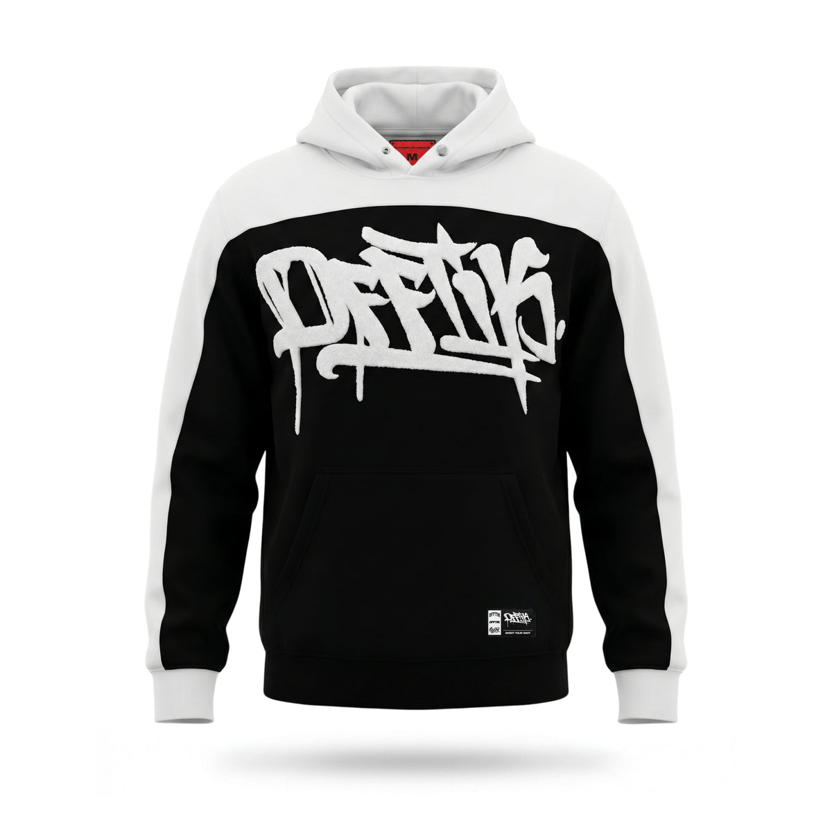 Black and white hoodie with 'OFF' logo on a white background