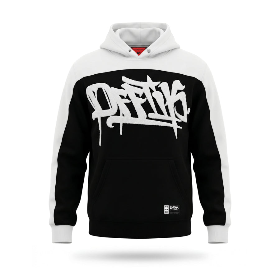 Black and white hoodie with 'OFF' logo on a white background