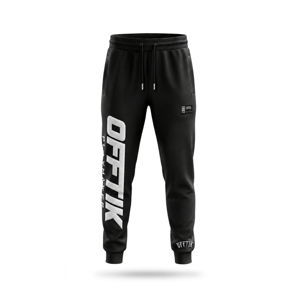 Black jogger pants with 'OFFTIK' branding on a white background