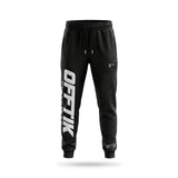 Black jogger pants with 'OFFTIK' branding on a white background