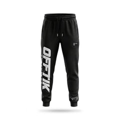 Black jogger pants with 'OFFTIK' branding on a white background