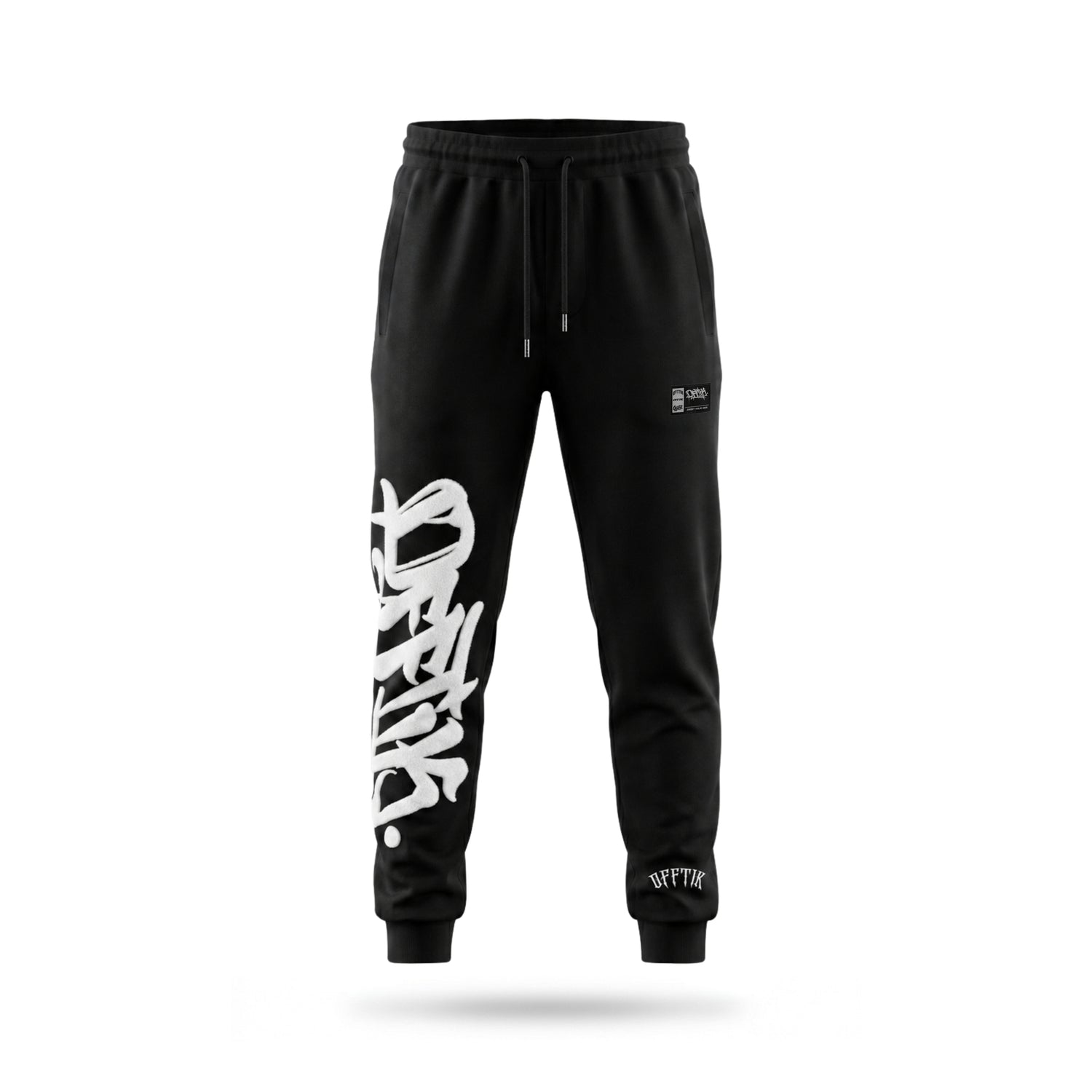 Black sweatpants with white text on a white background