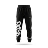 Black sweatpants with white text on a white background