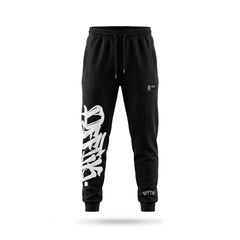Black sweatpants with white text on a white background