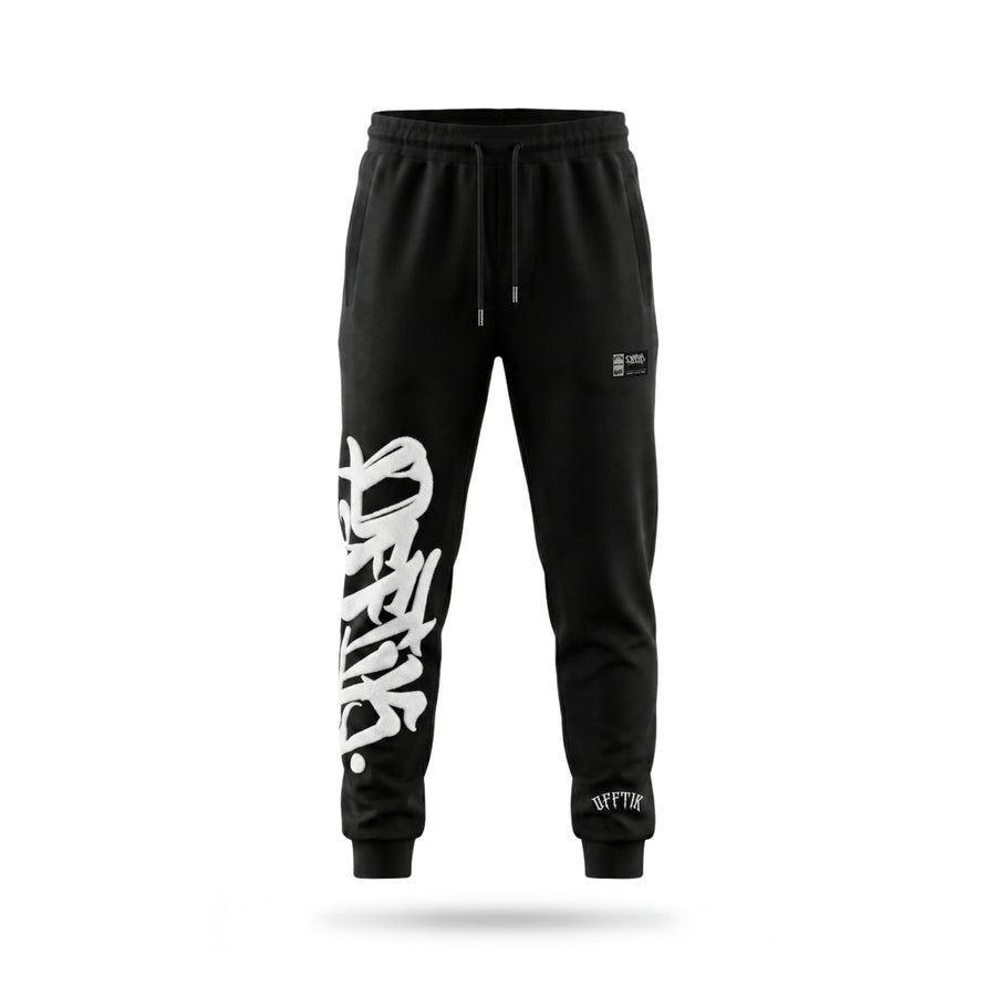 Black sweatpants with white text on a white background