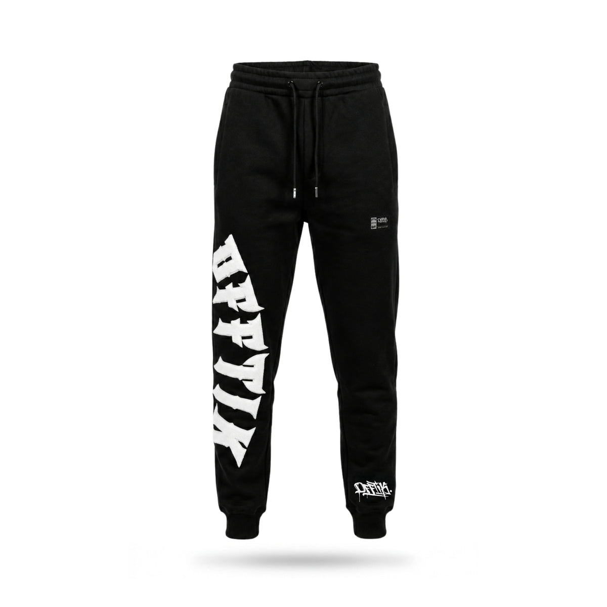 Black sweatpants with white branding on a white background
