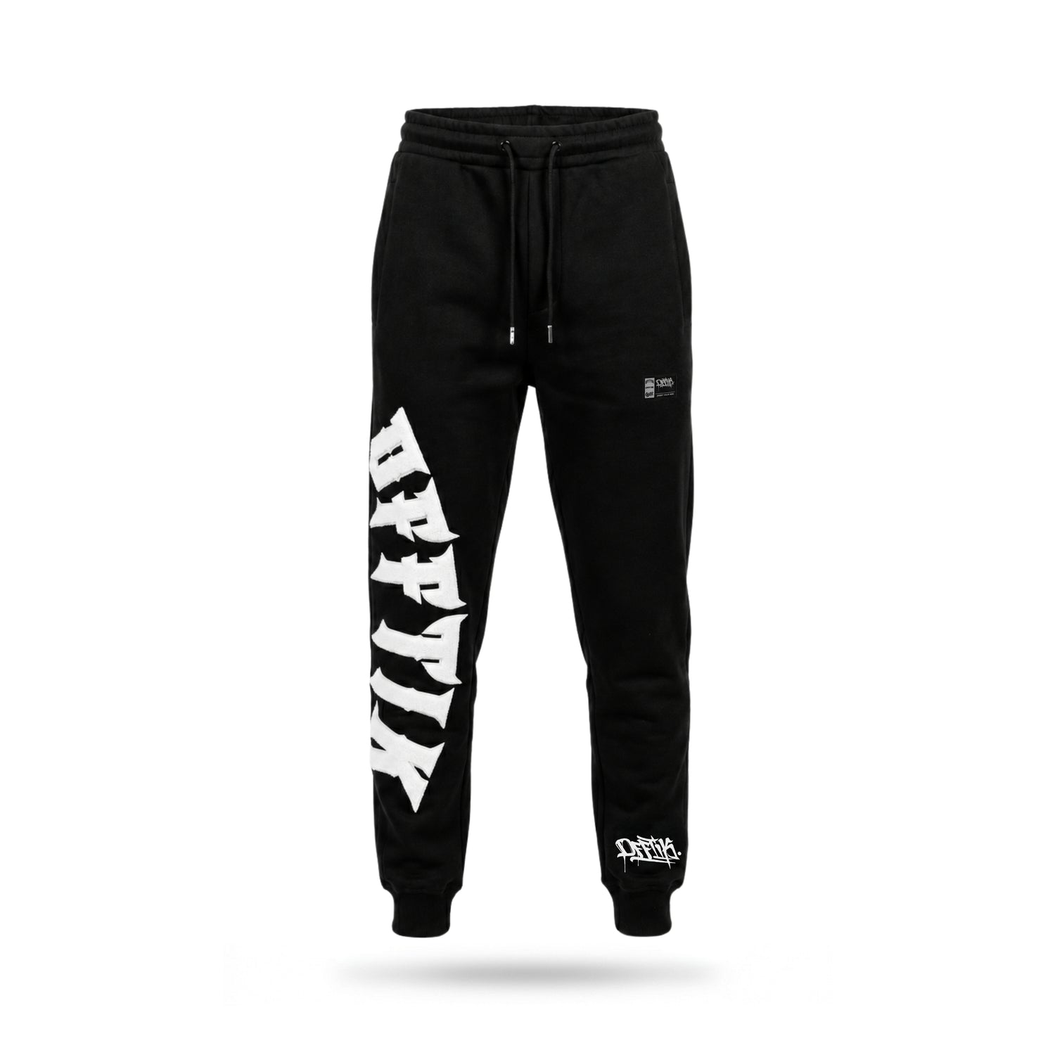 Black sweatpants with white branding on a white background