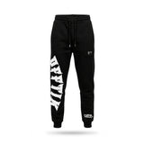 Black sweatpants with white branding on a white background