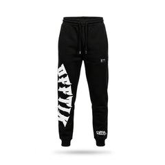 Black sweatpants with white branding on a white background