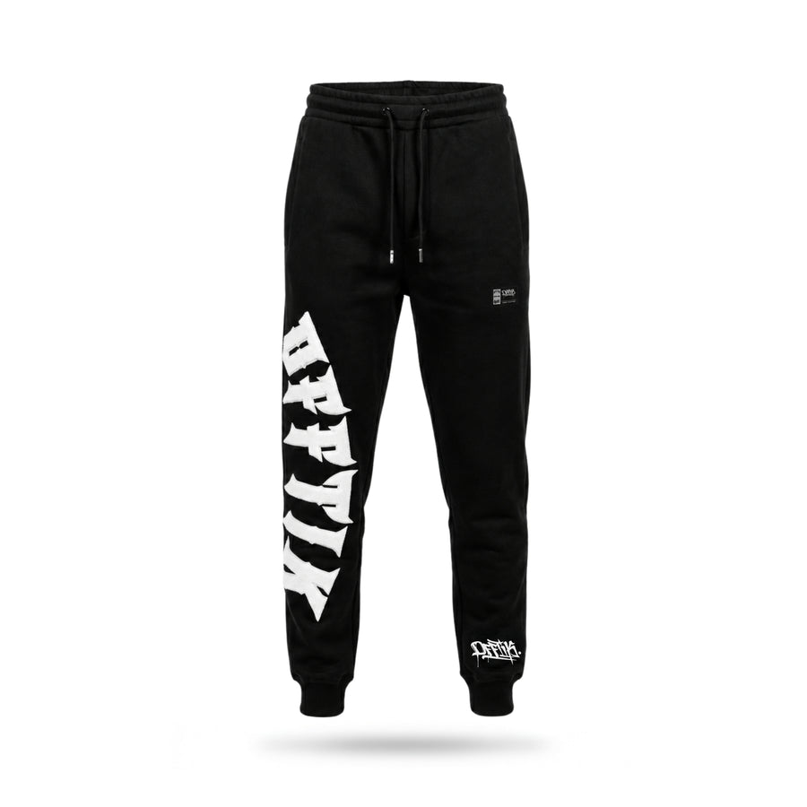 Black sweatpants with white branding on a white background