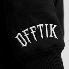 Black sweatshirt with 'OFFTIK' logo on sleeve against a white background