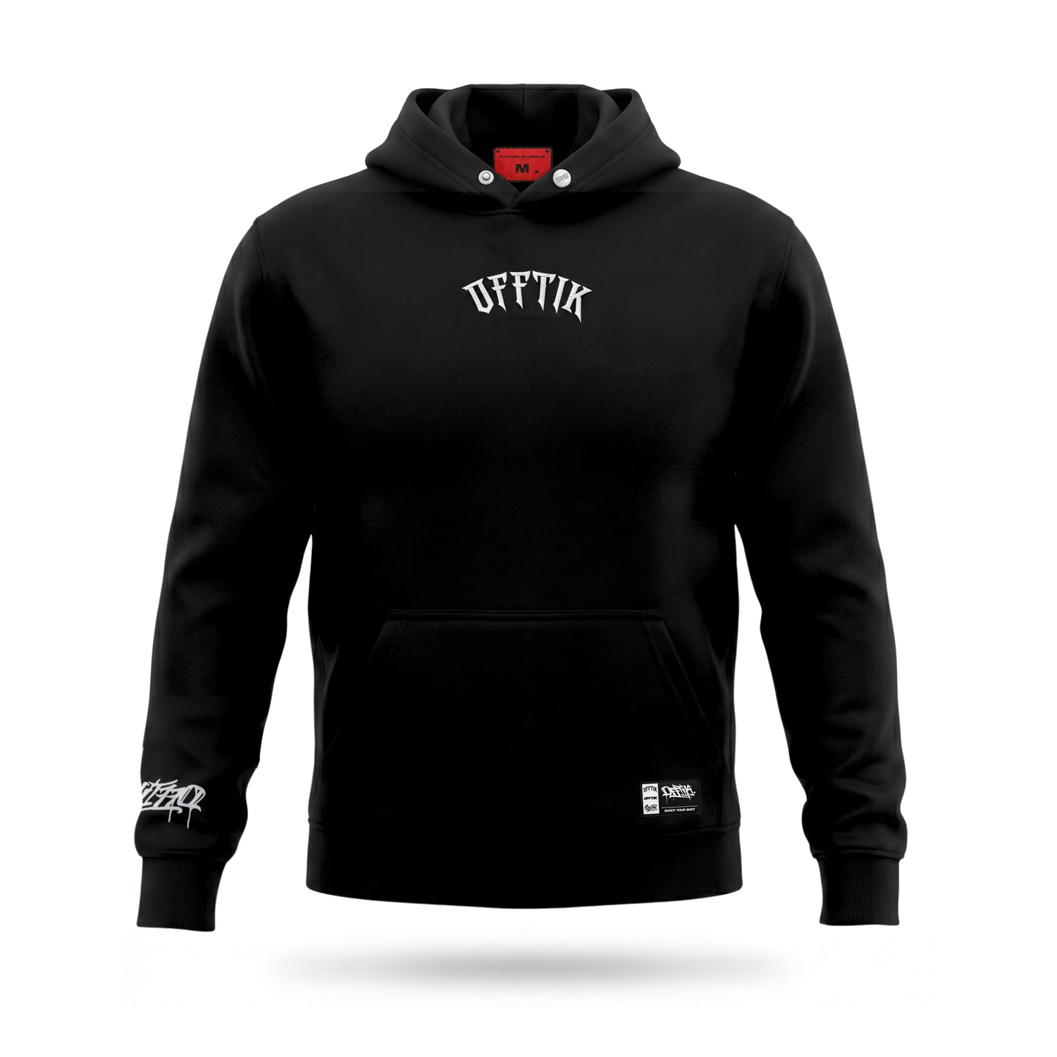 Black hoodie with 'OFFTIK' branding on a white background