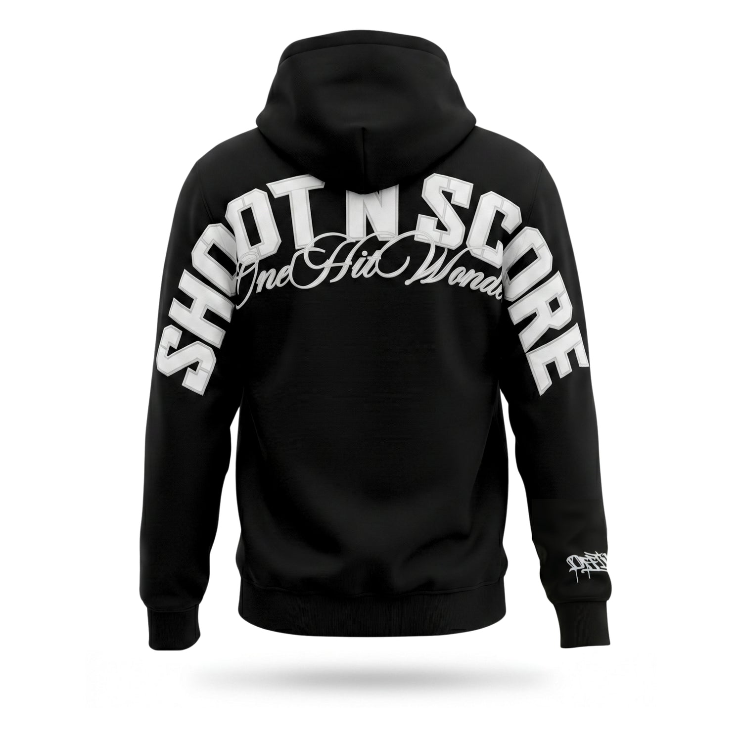 Black hoodie with 'Shoot N Score One Hit World' text on the back against a white background
