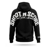 Black hoodie with 'Shoot N Score One Hit World' text on the back against a white background