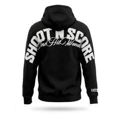 Black hoodie with 'Shoot N Score One Hit World' text on the back against a white background
