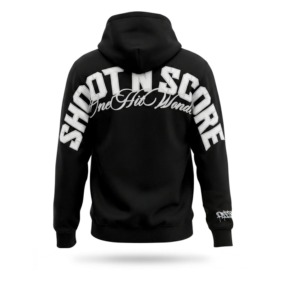 Black hoodie with 'Shoot N Score One Hit World' text on the back against a white background