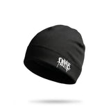 Black beanie with white logo on a white background