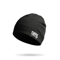 Black beanie with white logo on a white background