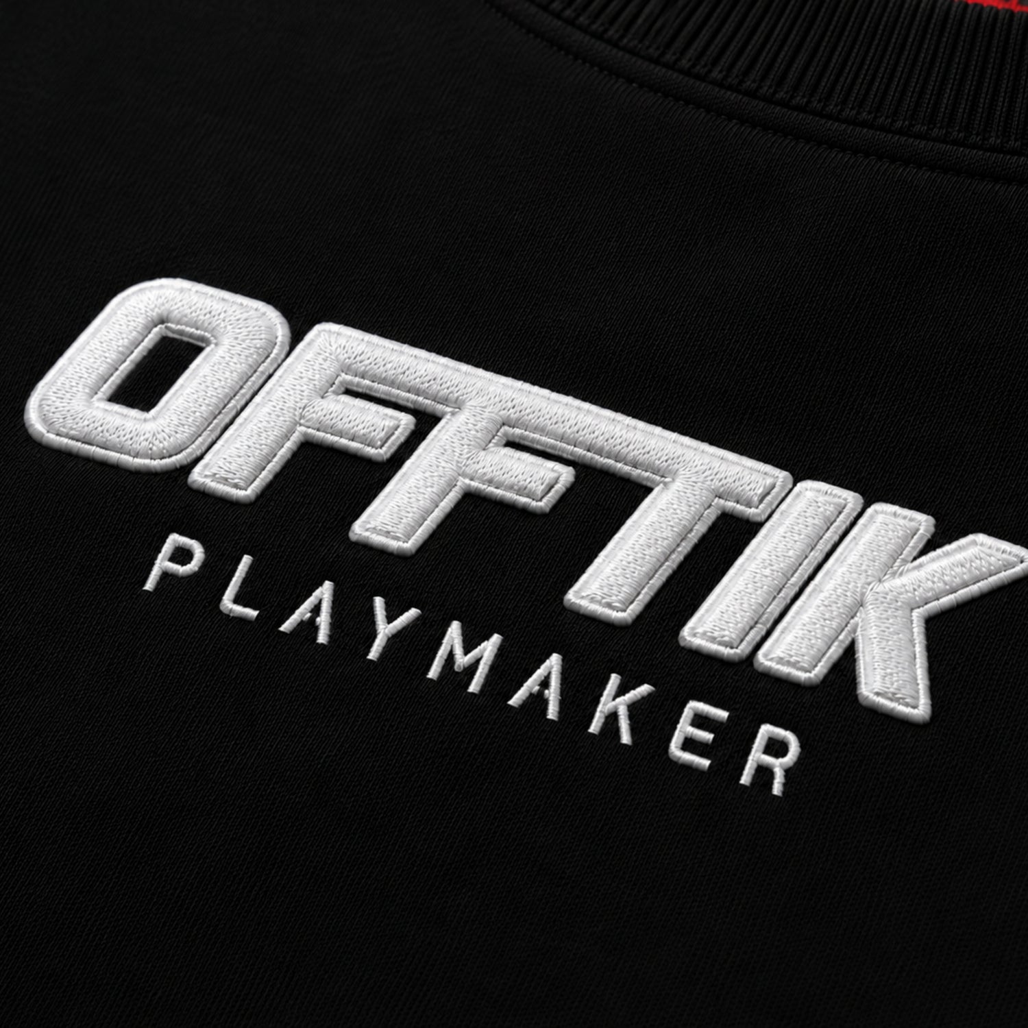 Black sweatshirt with 'OFFTIK PLAYMAKER' text in white on a black background